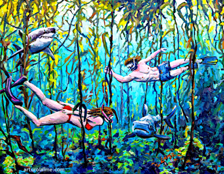 Kelp forest with couple and sharks by Arturo Laime